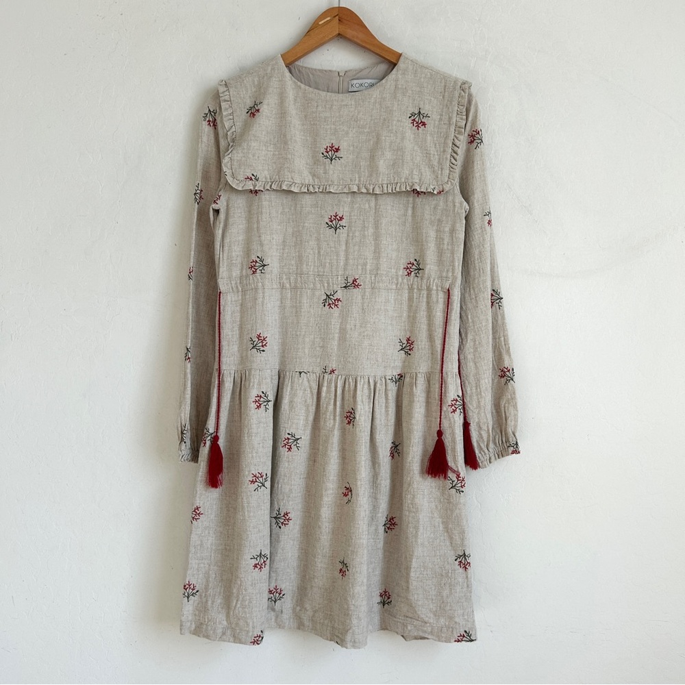 Kokori Dress Girls 16 Tiered Linen Ruffle Floral Embroidered Oatmeal Beige